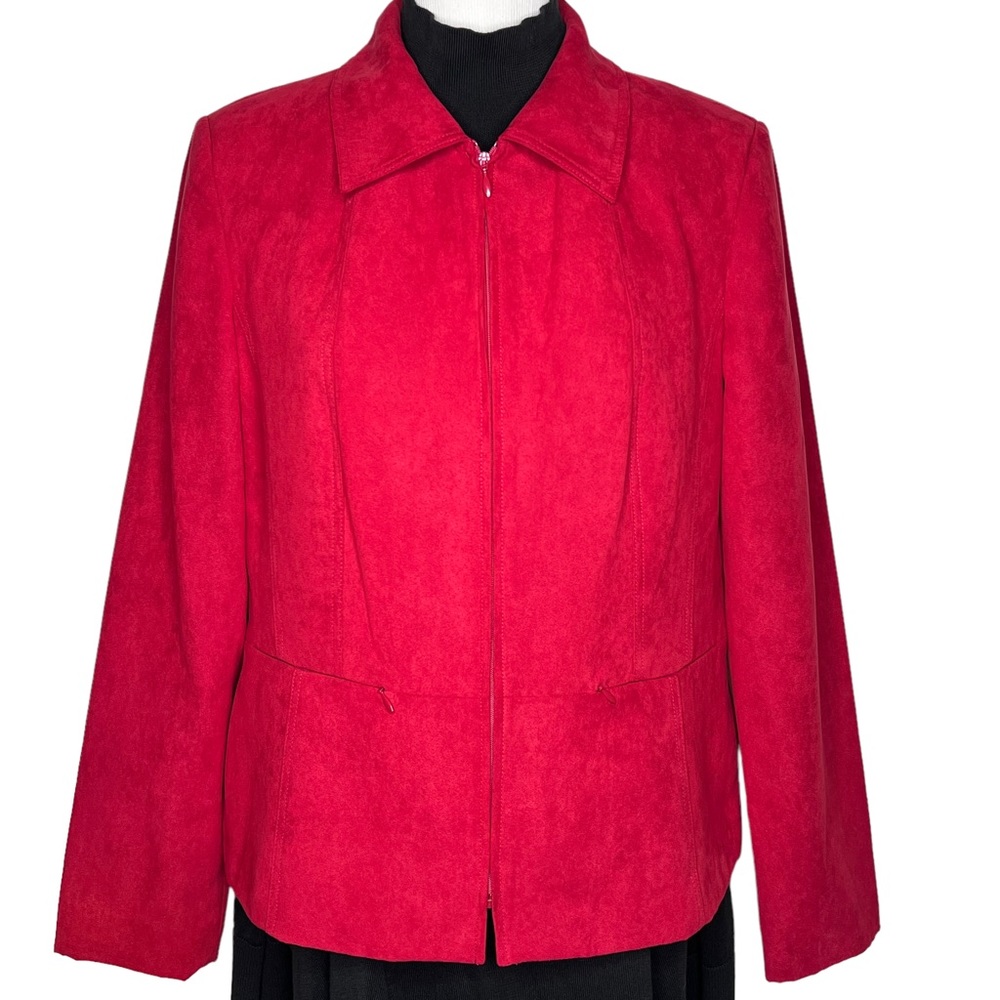 Dress Barn Women’s Red Faux Suede Blazer Jacket Size XL Zip Up Mock Neck Pockets